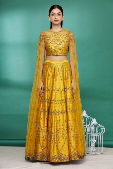 Buy_Irrau By Samir Mantri_Yellow Raw Silk Glass Beads, Pearl Work, Sequins High Draped Choli And Lehenga Set_Online_at_Aza_Fashions