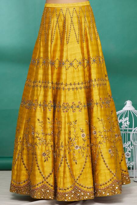 Shop_Irrau By Samir Mantri_Yellow Raw Silk Glass Beads, Pearl Work, Sequins High Draped Choli And Lehenga Set_Online_at_Aza_Fashions