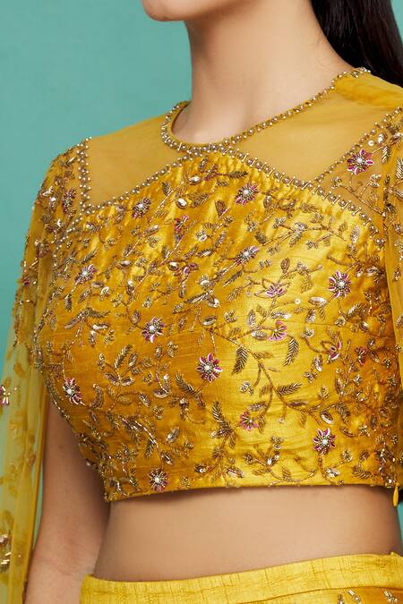 Irrau By Samir Mantri_Yellow Raw Silk Glass Beads, Pearl Work, Sequins High Draped Choli And Lehenga Set_at_Aza_Fashions