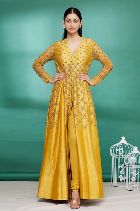 Meena Bazaar - Shop online this Extremely Stylish Bright Yellow Jacket  style Anarkali Suit from -  http://www.meenabazaar.com/festive-collection-2015/yellow-jacket-style-tunic.html  Undoubtedly you will look absolutely gorgeous and stunning on any ...