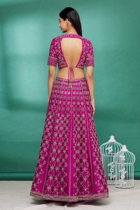 Shop_Irrau By Samir Mantri_Pink Raw Silk, Net Cutdana Work, Glass Beads, Floral Embroidered Lehenga Set _at_Aza_Fashions