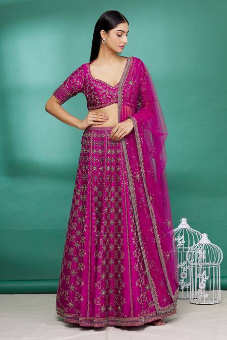 Irrau By Samir Mantri_Pink Raw Silk, Net Cutdana Work, Glass Beads, Floral Embroidered Lehenga Set _Online_at_Aza_Fashions