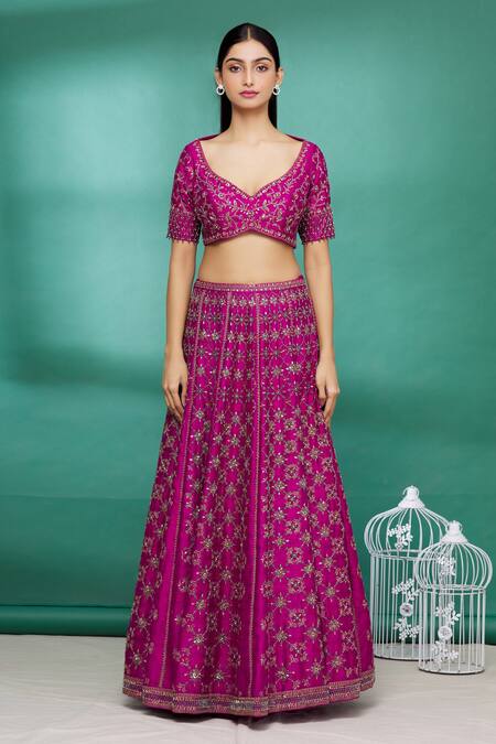 Buy_Irrau By Samir Mantri_Pink Raw Silk, Net Cutdana Work, Glass Beads, Floral Embroidered Lehenga Set _Online_at_Aza_Fashions