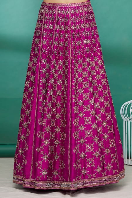 Shop_Irrau By Samir Mantri_Pink Raw Silk, Net Cutdana Work, Glass Beads, Floral Embroidered Lehenga Set _Online_at_Aza_Fashions