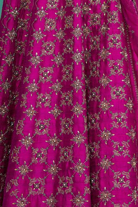 Irrau By Samir Mantri_Pink Raw Silk, Net Cutdana Work, Glass Beads, Floral Embroidered Lehenga Set _at_Aza_Fashions