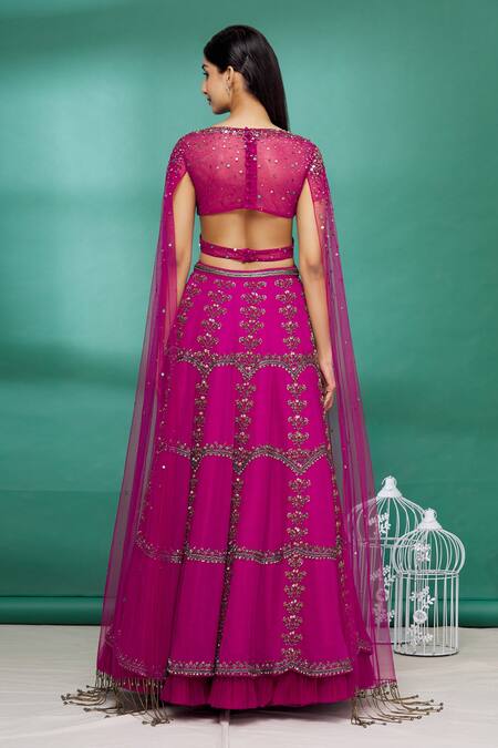 Shop Irrau By Samir Mantri Pink Raw Silk Glass Beads, Pearl Work, Sequins High Draped Choli And Lehenga Set at Aza Fashions Shop_Irrau By Samir Mantri_Pink Raw Silk Glass Beads, Pearl Work, Sequins High Draped Choli And Lehenga Set_at_Aza_Fashions