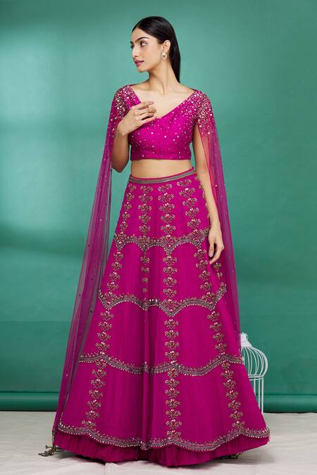 Irrau By Samir Mantri Pink Raw Silk Glass Beads, Pearl Work, Sequins High Draped Choli And Lehenga Set Online at Aza Fashions Irrau By Samir Mantri_Pink Raw Silk Glass Beads, Pearl Work, Sequins High Draped Choli And Lehenga Set_Online_at_Aza_Fashions