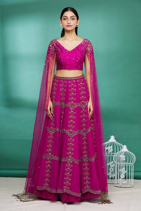 Buy Irrau By Samir Mantri Pink Raw Silk Glass Beads, Pearl Work, Sequins High Draped Choli And Lehenga Set Online at Aza Fashions Buy_Irrau By Samir Mantri_Pink Raw Silk Glass Beads, Pearl Work, Sequins High Draped Choli And Lehenga Set_Online_at_Aza_Fashions