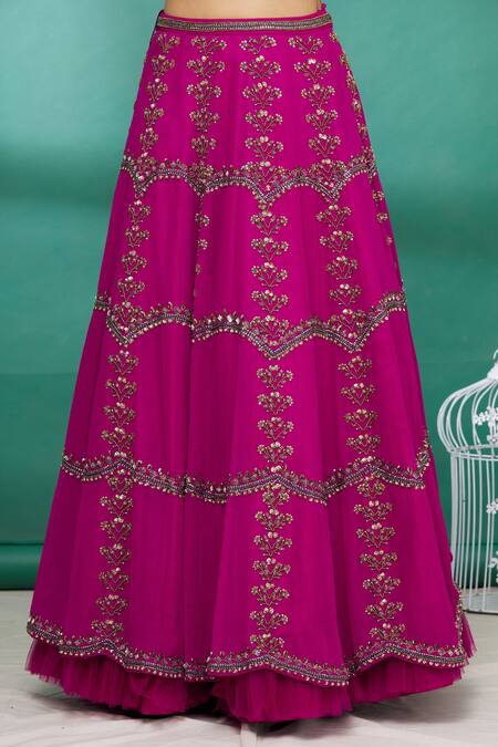 Shop Irrau By Samir Mantri Pink Raw Silk Glass Beads, Pearl Work, Sequins High Draped Choli And Lehenga Set Online at Aza Fashions Shop_Irrau By Samir Mantri_Pink Raw Silk Glass Beads, Pearl Work, Sequins High Draped Choli And Lehenga Set_Online_at_Aza_Fashions