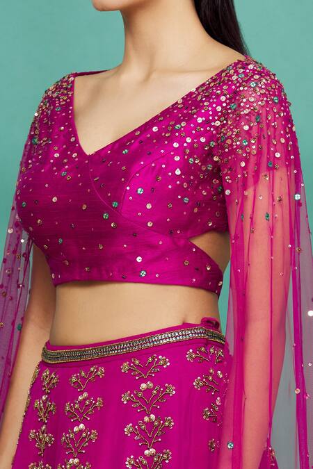 Irrau By Samir Mantri Pink Raw Silk Glass Beads, Pearl Work, Sequins High Draped Choli And Lehenga Set at Aza Fashions Irrau By Samir Mantri_Pink Raw Silk Glass Beads, Pearl Work, Sequins High Draped Choli And Lehenga Set_at_Aza_Fashions