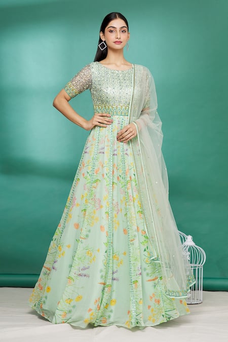 Buy Green Floral Printed Anarkali Suit Set In Tussar Silk KALKI Fashion  India