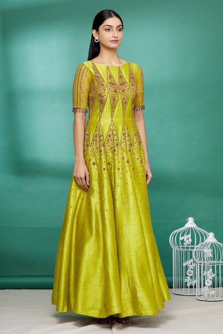 Irrau By Samir Mantri_Green Raw Silk, Net Bead Work, Sequins Boat Embroidered Anarkali With Dupatta_Online_at_Aza_Fashions