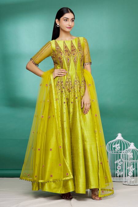 Buy_Irrau By Samir Mantri_Green Raw Silk, Net Bead Work, Sequins Boat Embroidered Anarkali With Dupatta_Online_at_Aza_Fashions