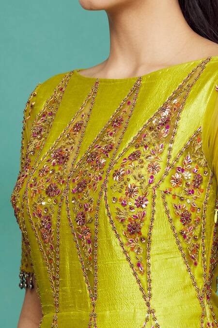Irrau By Samir Mantri_Green Raw Silk, Net Bead Work, Sequins Boat Embroidered Anarkali With Dupatta_at_Aza_Fashions