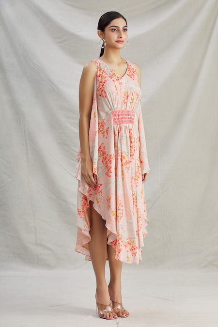 Parul | Vivek_Pink Crepe Floral, Pearl , Cristal V Neck Asymmetric Kaftan _Online_at_Aza_Fashions
