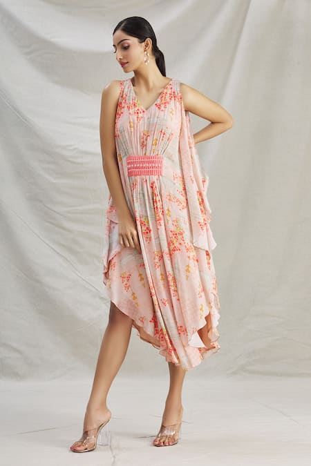 Buy_Parul | Vivek_Pink Crepe Floral, Pearl , Cristal V Neck Asymmetric Kaftan _Online_at_Aza_Fashions