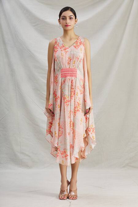 Shop_Parul | Vivek_Pink Crepe Floral, Pearl , Cristal V Neck Asymmetric Kaftan _Online_at_Aza_Fashions