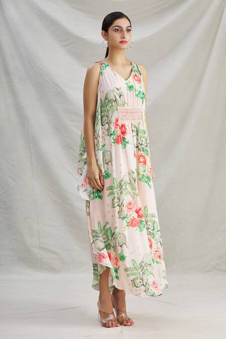 Parul | Vivek_Pink Crepe Pearl Work, Cristal Work, Tropical V Neck Asymmetric Kaftan _Online_at_Aza_Fashions