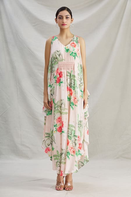 Shop_Parul | Vivek_Pink Crepe Pearl Work, Cristal Work, Tropical V Neck Asymmetric Kaftan _Online_at_Aza_Fashions