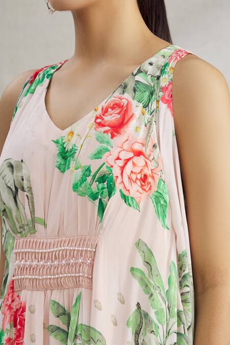 Parul | Vivek_Pink Crepe Pearl Work, Cristal Work, Tropical V Neck Asymmetric Kaftan _at_Aza_Fashions