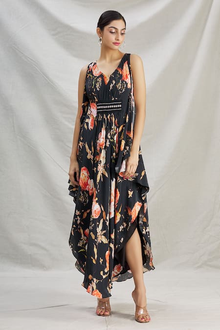 Buy_Parul | Vivek_Black Crepe Floral, Pearl , Cristal V Neck Asymmetric Kaftan _Online_at_Aza_Fashions