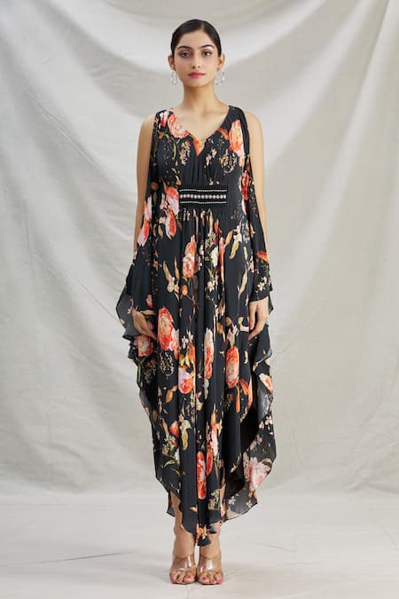Shop_Parul | Vivek_Black Crepe Floral, Pearl , Cristal V Neck Asymmetric Kaftan _Online_at_Aza_Fashions
