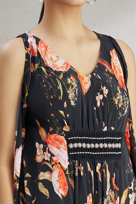 Parul | Vivek_Black Crepe Floral, Pearl , Cristal V Neck Asymmetric Kaftan _at_Aza_Fashions