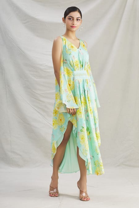 Parul | Vivek_Blue Crepe Floral, Pearl , Cristal V Neck Asymmetric Kaftan _Online_at_Aza_Fashions