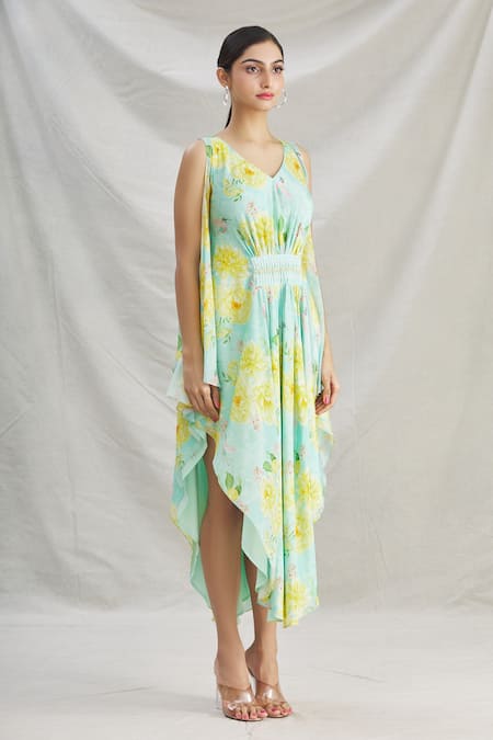 Buy_Parul | Vivek_Blue Crepe Floral, Pearl , Cristal V Neck Asymmetric Kaftan _Online_at_Aza_Fashions