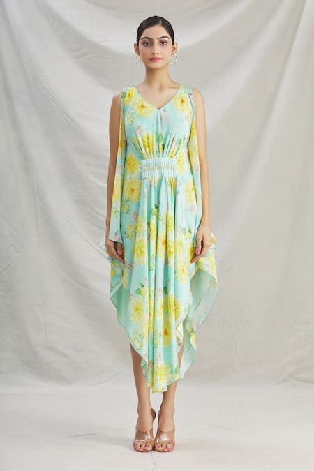 Shop_Parul | Vivek_Blue Crepe Floral, Pearl , Cristal V Neck Asymmetric Kaftan _Online_at_Aza_Fashions