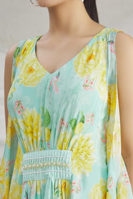 Parul | Vivek_Blue Crepe Floral, Pearl , Cristal V Neck Asymmetric Kaftan _at_Aza_Fashions