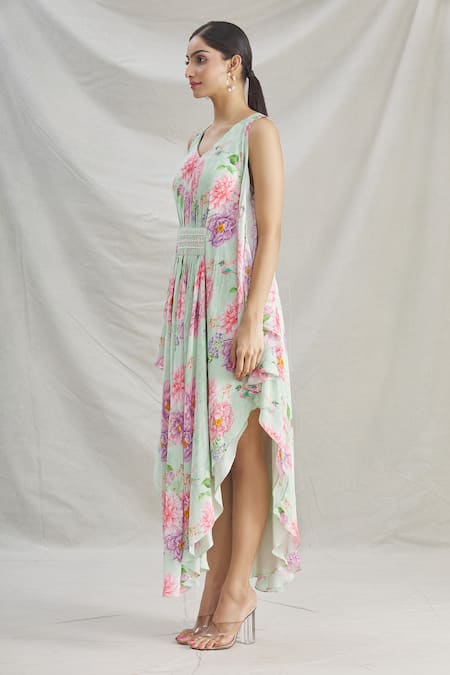 Parul | Vivek_Green Crepe Floral, Pearl , Cristal V Neck Asymmetric Kaftan _Online_at_Aza_Fashions