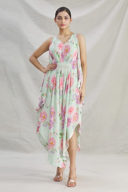 Buy_Parul | Vivek_Green Crepe Floral, Pearl , Cristal V Neck Asymmetric Kaftan _Online_at_Aza_Fashions