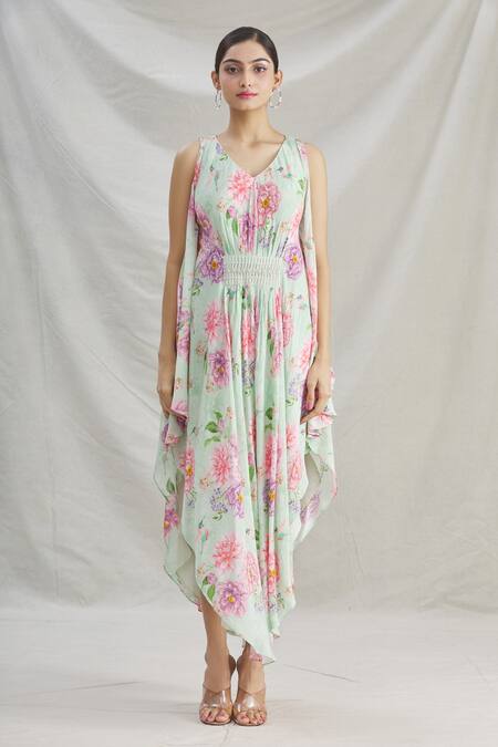 Shop_Parul | Vivek_Green Crepe Floral, Pearl , Cristal V Neck Asymmetric Kaftan _Online_at_Aza_Fashions