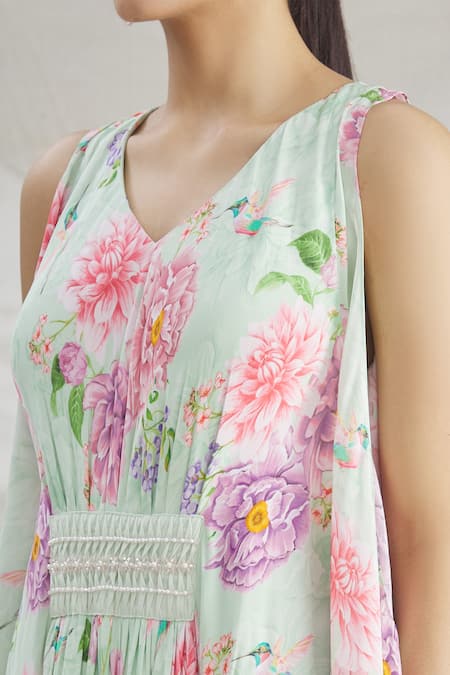 Parul | Vivek_Green Crepe Floral, Pearl , Cristal V Neck Asymmetric Kaftan _at_Aza_Fashions