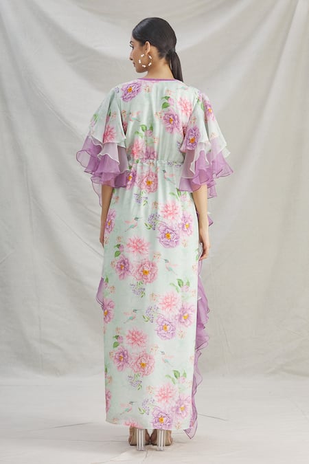 Shop_Parul | Vivek_Green Organza Printed Floral V Neck Layered Ruffle Kaftan  _at_Aza_Fashions