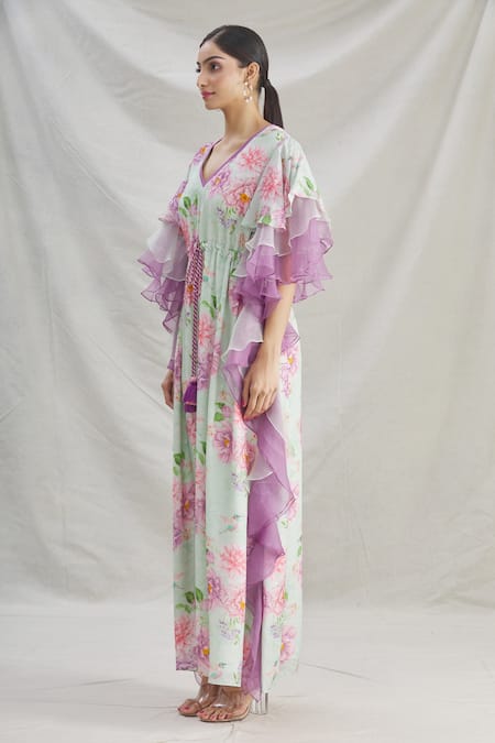 Parul | Vivek_Green Organza Printed Floral V Neck Layered Ruffle Kaftan  _Online_at_Aza_Fashions