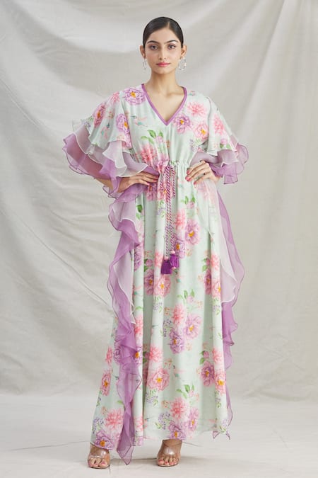 Buy_Parul | Vivek_Green Organza Printed Floral V Neck Layered Ruffle Kaftan  _Online_at_Aza_Fashions