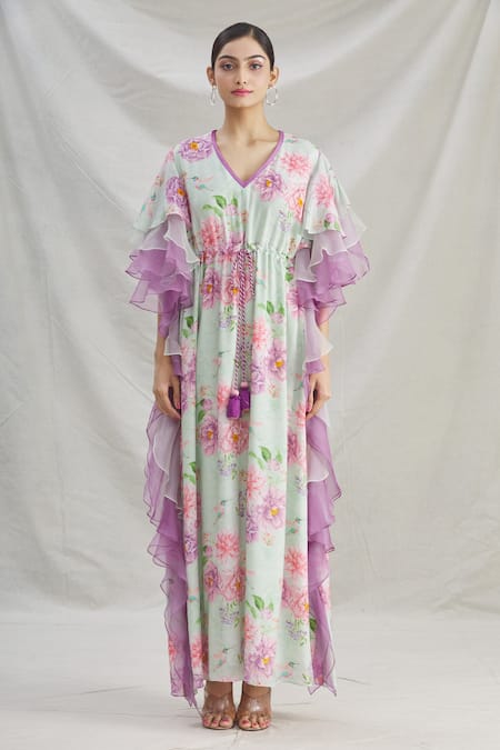 Shop_Parul | Vivek_Green Organza Printed Floral V Neck Layered Ruffle Kaftan  _Online_at_Aza_Fashions