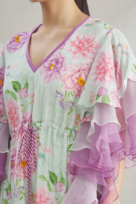 Parul | Vivek_Green Organza Printed Floral V Neck Layered Ruffle Kaftan  _at_Aza_Fashions