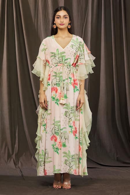 Shop_Parul | Vivek_Pink Organza Printed Floral V Neck Layered Ruffle Kaftan  _Online_at_Aza_Fashions