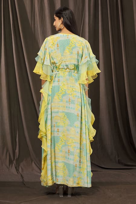 Shop_Parul | Vivek_Blue Organza Printed Floral V Neck Layered Ruffle Kaftan  _at_Aza_Fashions
