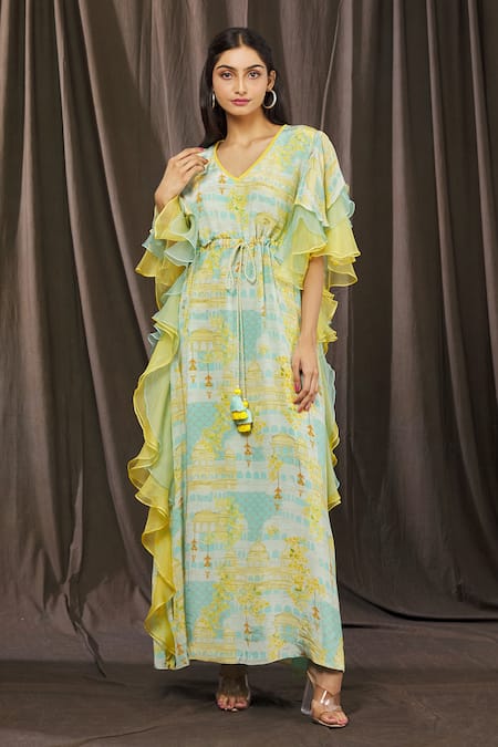 Buy_Parul | Vivek_Blue Organza Printed Floral V Neck Layered Ruffle Kaftan  _Online_at_Aza_Fashions