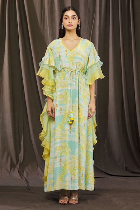 Shop_Parul | Vivek_Blue Organza Printed Floral V Neck Layered Ruffle Kaftan  _Online_at_Aza_Fashions