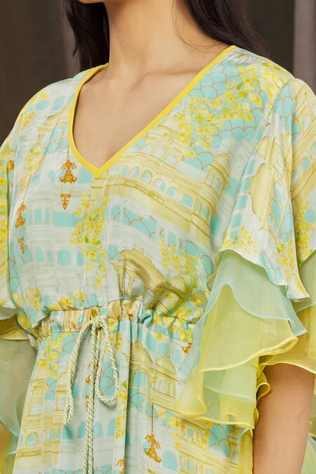 Parul | Vivek_Blue Organza Printed Floral V Neck Layered Ruffle Kaftan  _at_Aza_Fashions