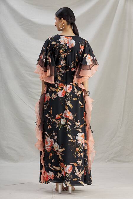 Shop_Parul | Vivek_Black Organza Printed Floral V Neck Layered Ruffle Kaftan  _at_Aza_Fashions