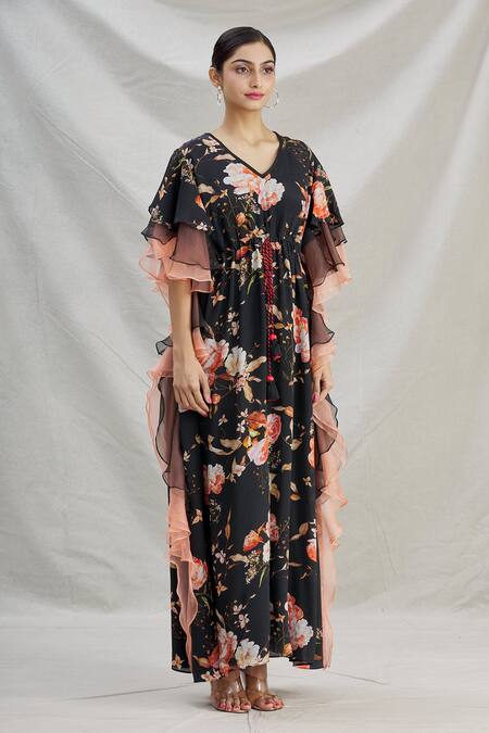 Parul | Vivek_Black Organza Printed Floral V Neck Layered Ruffle Kaftan  _Online_at_Aza_Fashions