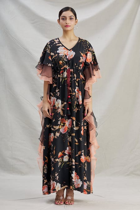 Buy_Parul | Vivek_Black Organza Printed Floral V Neck Layered Ruffle Kaftan  _Online_at_Aza_Fashions