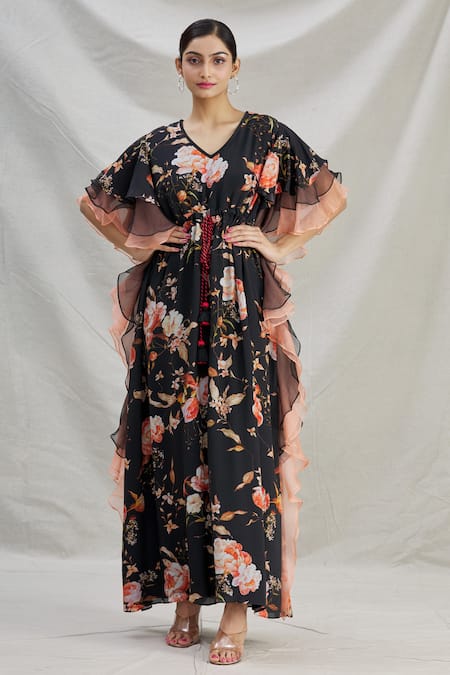 Shop_Parul | Vivek_Black Organza Printed Floral V Neck Layered Ruffle Kaftan  _Online_at_Aza_Fashions