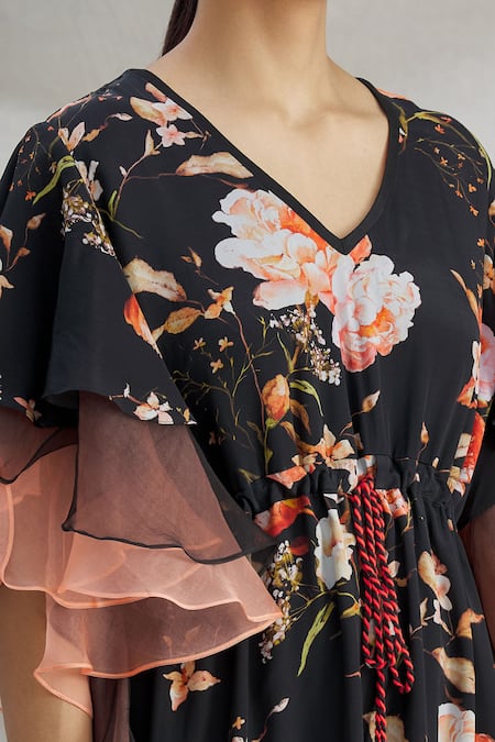 Parul | Vivek_Black Organza Printed Floral V Neck Layered Ruffle Kaftan  _at_Aza_Fashions